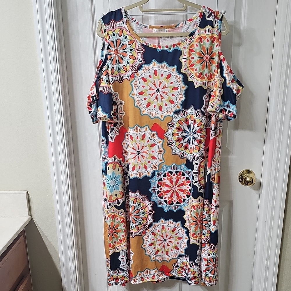 Colorful Mandala Print Cold Shoulder Midi Dress